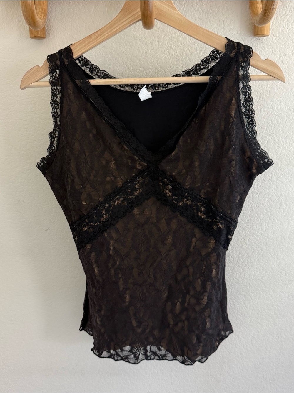 FLEXEES Y2K Black lace stretch tank top shapewear sheer V-neck size L whimsigoth